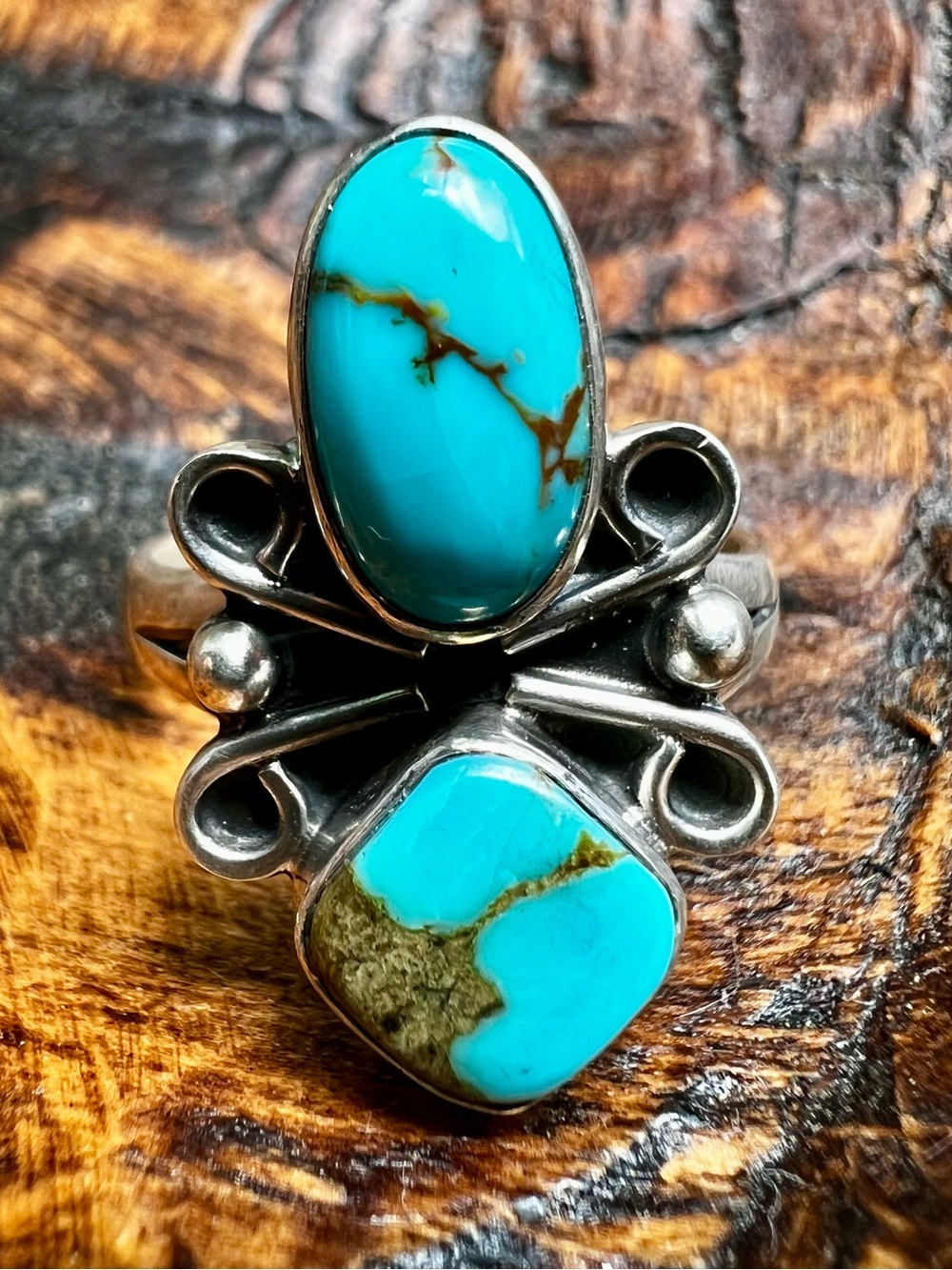 Kingman Turquoise Double Stone Ring Sterling Silver Size 9